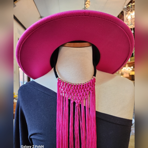 Fuschia Pink Fedora with Faux Gold Chain - Picture 8 of 15